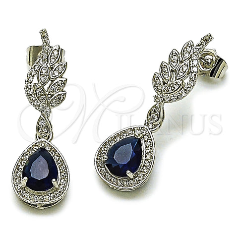 Arete Colgante 02.452.0008.2 Rodio Laminado, Diseño de Gota y Alas, con Zirconia Cubica Zafiro Azul y Micro Pave Blanca, Pulido, Rodinado
