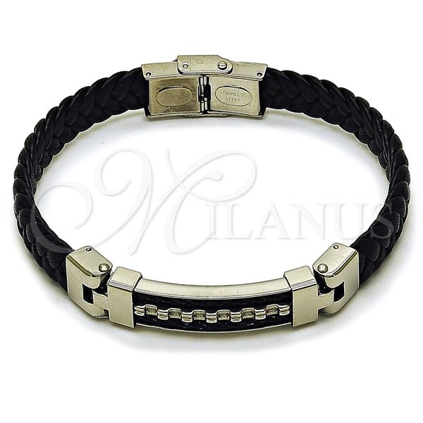Pulsera Elegante 03.219.0002.09 Acero Inoxidable, Cuero Negro, Tono Plateado (10 MM Thickness, 9 Inches Length)