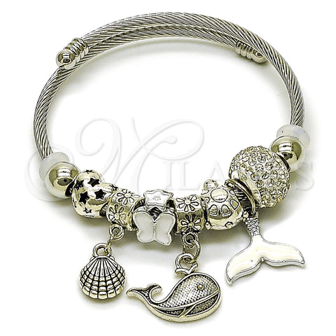 Aro Individual 07.454.0001 Acero Inoxidable, Diseño de Concha y Pescado, con Blanca Cristal, Pulido, Tono Plateado (03 MM Thickness, One size fits all)