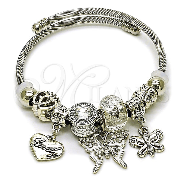 Aro Individual 07.454.0004 Acero Inoxidable, Diseño de Mariposa y Corazón, con Blanca Cristal, Esmaltado Blanco, Tono Plateado (03 MM Thickness, One size fits all)