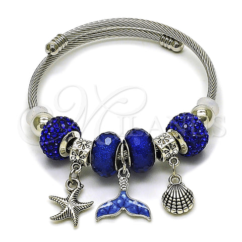 Aro Individual 07.454.0005 Acero Inoxidable, Diseño de Concha y Pescado, con Zafiro Azul Cristal, Esmaltado Azul, Tono Plateado (03 MM Thickness, One size fits all)