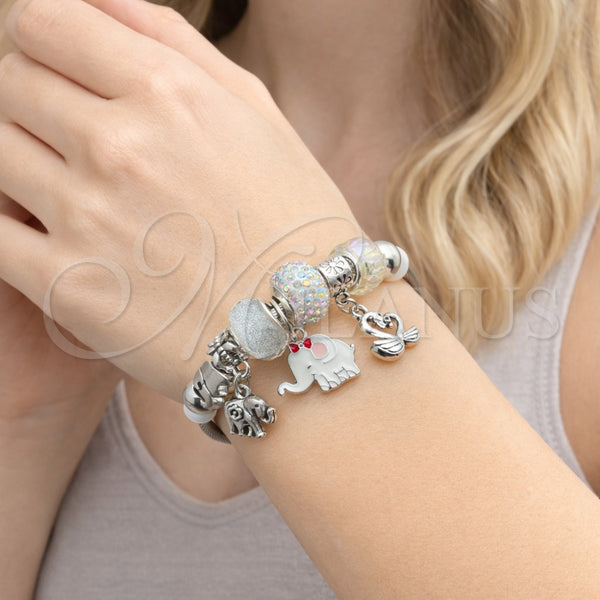 Aro Individual 07.454.0006 Acero Inoxidable, Diseño de Elefante y Cisne, con Aurore Boreale and Blanca Cristal, Esmaltado Blanco, Tono Plateado (03 MM Thickness, One size fits all)