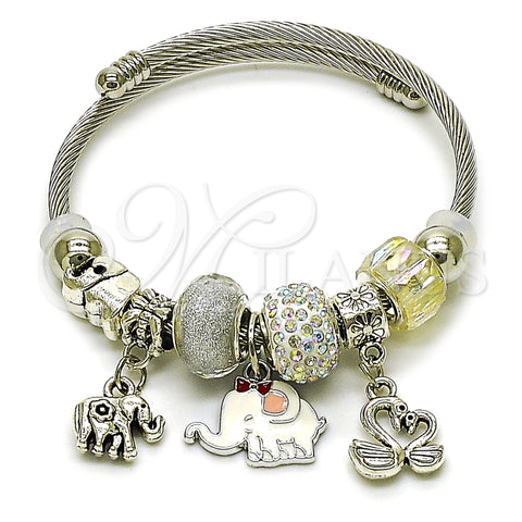 Aro Individual 07.454.0006 Acero Inoxidable, Diseño de Elefante y Cisne, con Aurore Boreale and Blanca Cristal, Esmaltado Blanco, Tono Plateado (03 MM Thickness, One size fits all)