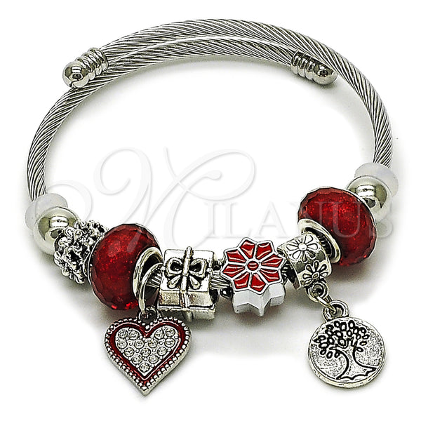 Aro Individual 07.454.0007 Acero Inoxidable, Diseño de Corazón y Ãrbol, con Granate and Blanca Cristal, Esmaltado Rojo, Tono Plateado (03 MM Thickness, One size fits all)
