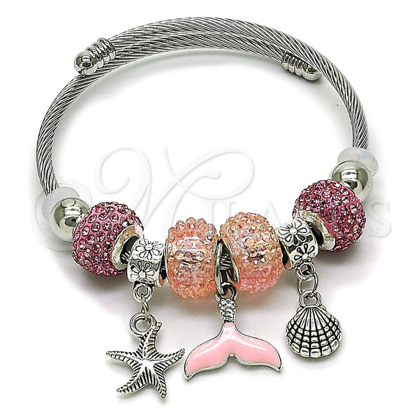 Aro Individual 07.454.0005.1 Acero Inoxidable, Diseño de Concha y Pescado, con Rosado Cristal, Esmaltado Rosado, Tono Plateado (03 MM Thickness, One size fits all)