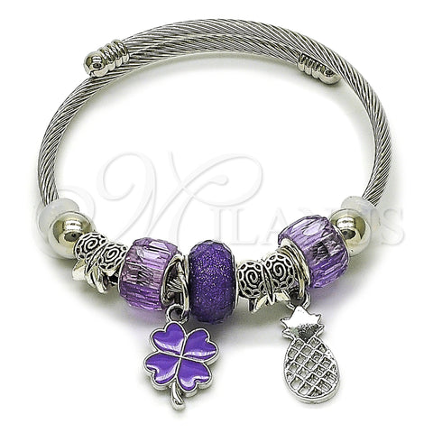 Aro Individual 07.454.0008 Acero Inoxidable, Diseño de Trébol de Cuatro Hojas y Pina, con Amatista Cristal, Esmaltado Violeta, Tono Plateado (03 MM Thickness, One size fits all)