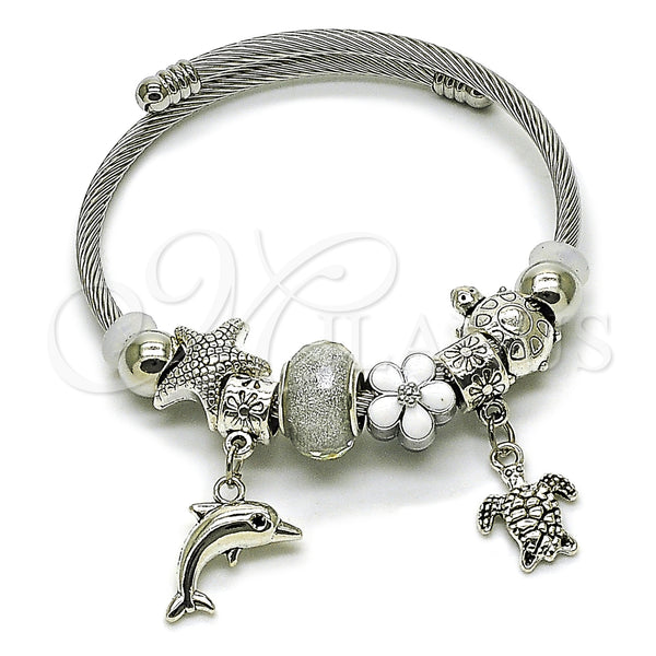 Aro Individual 07.454.0009 Acero Inoxidable, Diseño de Delfín y Tortuga, con Crystal Blue Shade Cristal, Esmaltado Blanco, Tono Plateado (03 MM Thickness, One size fits all)