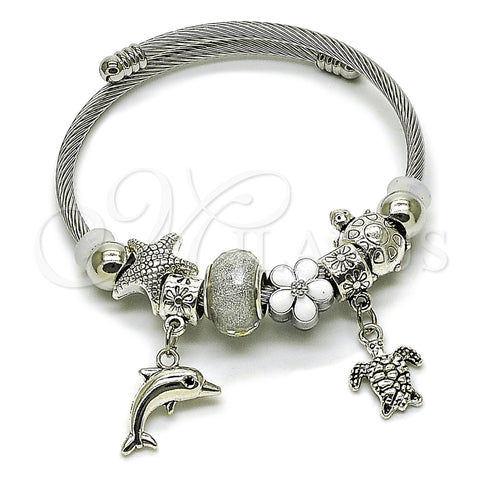 Aro Individual 07.454.0009 Acero Inoxidable, Diseño de Delfín y Tortuga, con Crystal Blue Shade Cristal, Esmaltado Blanco, Tono Plateado (03 MM Thickness, One size fits all)