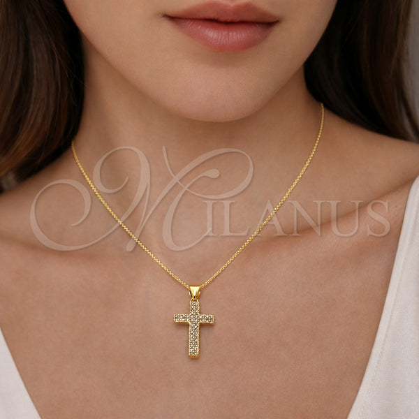 Dije Religioso 05.213.0207 Oro Laminado, Diseño de Cruz, con Micro Pave Blanca, Pulido, Tono Dorado
