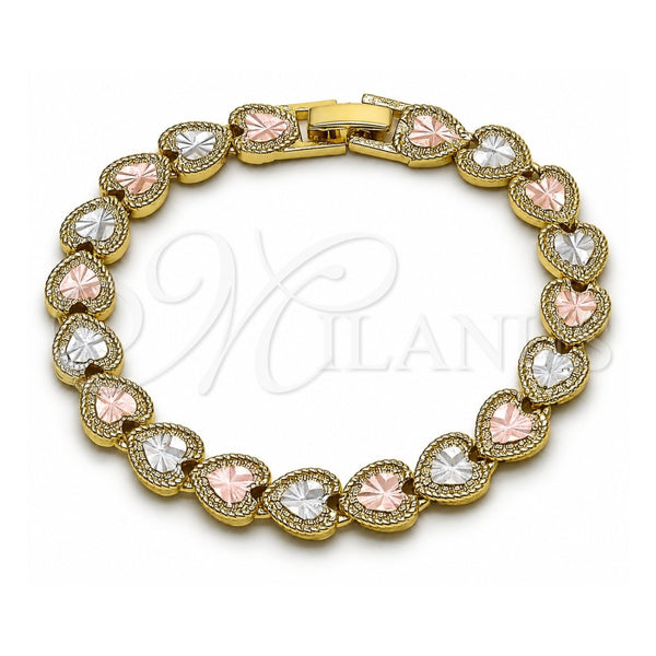 Pulsera Tennis 03.213.0439.07 Oro Laminado, Diseño de Corazón, Diamantado, Tres Tonos (Grosor 08 MM, 7 Pulgadas de Largo)