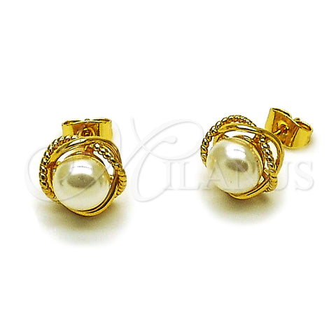 Arete Dormilona 02.456.0003 Oro Laminado, Diseño de Nudo y Torcido, con Perla Marfil, Pulido, Tono Dorado