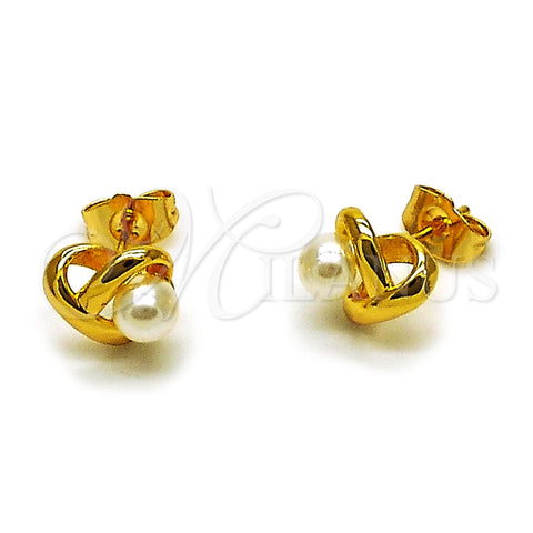 Arete Dormilona 02.456.0006 Oro Laminado, Diseño de Corazón y Nudo, con Perla Marfil, Pulido, Tono Dorado