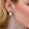 Arete Dormilona 02.456.0008 Oro Laminado, con Perla Marfil y Micro Pave Blanca, Pulido, Tono Dorado