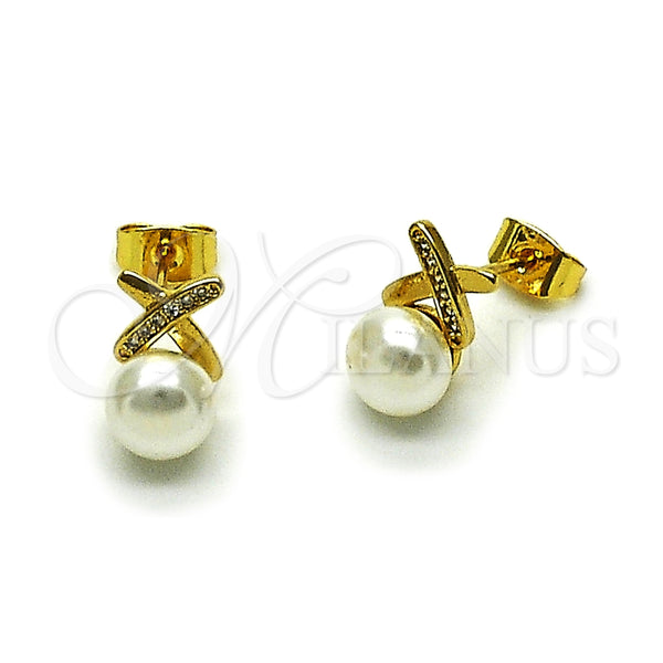 Arete Dormilona 02.456.0008 Oro Laminado, con Perla Marfil y Micro Pave Blanca, Pulido, Tono Dorado