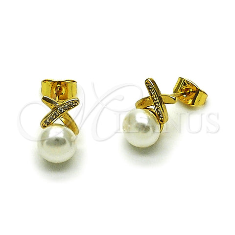 Arete Dormilona 02.456.0008 Oro Laminado, con Perla Marfil y Micro Pave Blanca, Pulido, Tono Dorado