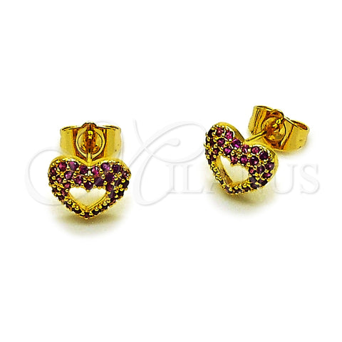 Arete Dormilona 02.456.0012 Oro Laminado, Diseño de Corazón, con Micro Pave Rubi, Pulido, Tono Dorado