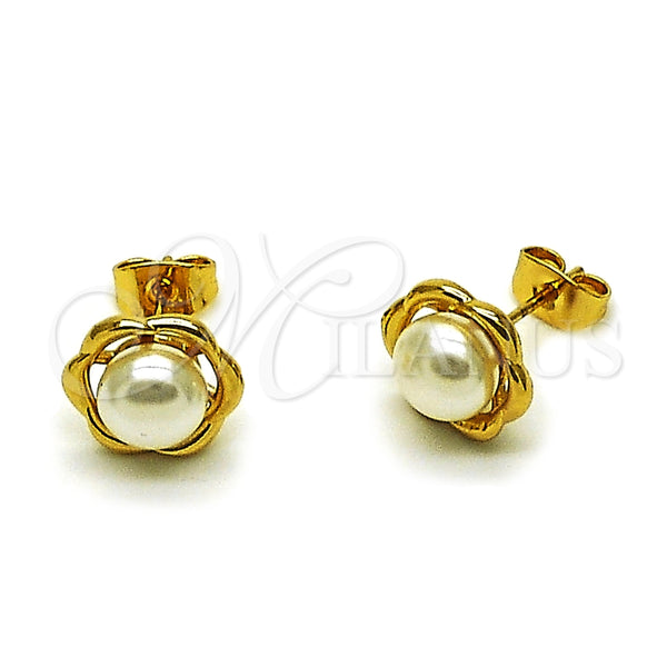 Arete Dormilona 02.456.0018 Oro Laminado, Diseño de Flor, con Perla Marfil, Pulido, Tono Dorado