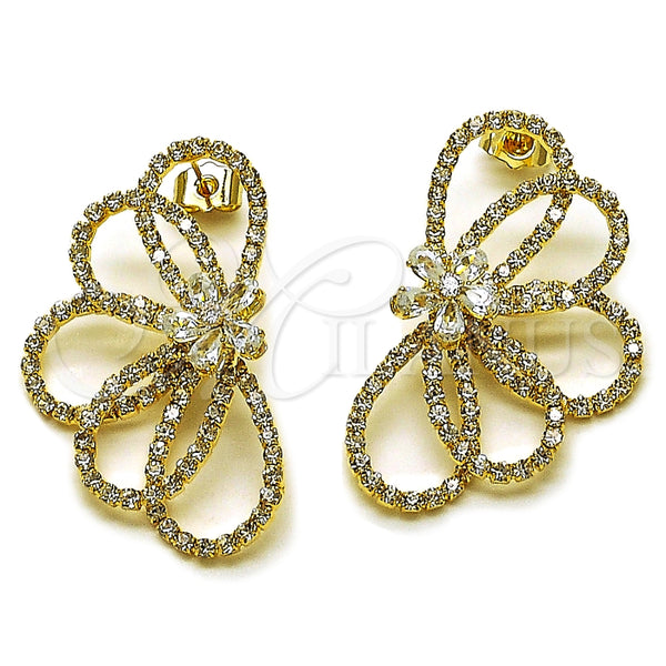 Arete Dormilona 02.457.0005 Oro Laminado, Diseño de Flor y Gota, con Cristal Blanca y Zirconia Cubica Blanca, Pulido, Tono Dorado