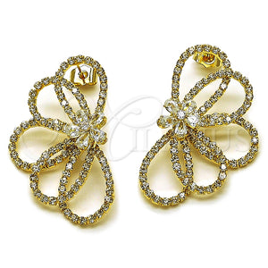 Arete Dormilona 02.457.0005 Oro Laminado, Diseño de Flor y Gota, con Cristal Blanca y Zirconia Cubica Blanca, Pulido, Tono Dorado