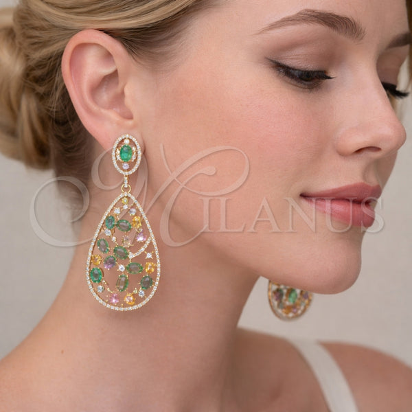 Arete Dormilona 02.457.0008 Oro Laminado, Diseño de Gota, con Zirconia Cubica Multicolor y Blanca, Pulido, Tono Dorado
