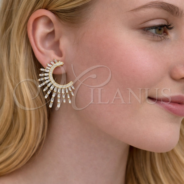 Arete Dormilona 02.457.0013 Oro Laminado, Diseño de Baguette, con Zirconia Cubica Blanca y Micro Pave Blanca, Pulido, Tono Dorado