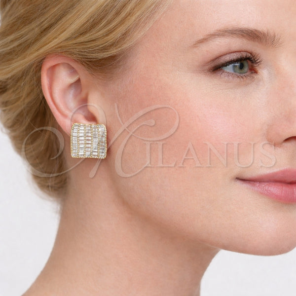 Arete Dormilona 02.457.0016 Oro Laminado, Diseño de Baguette, con Zirconia Cubica Blanca, Pulido, Tono Dorado