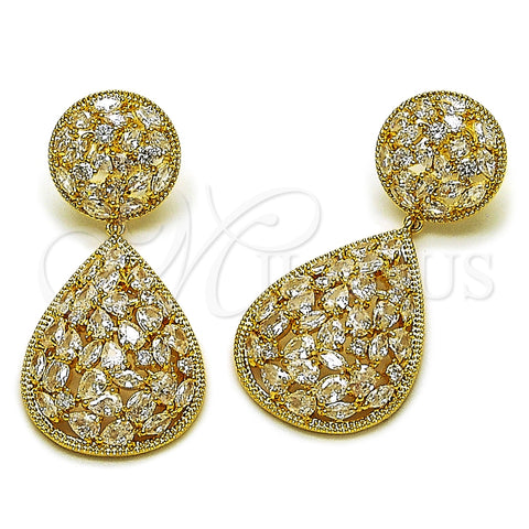 Arete Largo 02.457.0017 Oro Laminado, Diseño de Gota, con Zirconia Cubica Blanca, Pulido, Tono Dorado