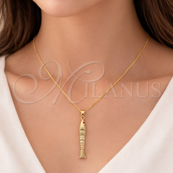 Dije Elegante 05.458.0003 Oro Laminado, Diseño de Pescado, con Zirconia Cubica Rubi, Pulido, Tono Dorado