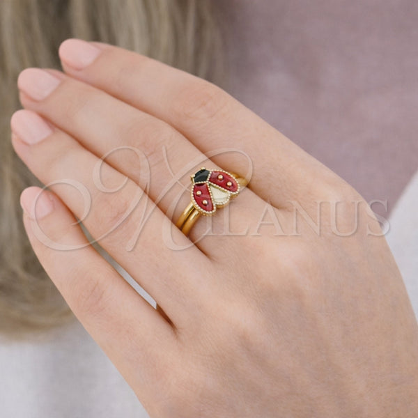 Anillo Elegante 01.381.0007 Oro Laminado, Diseño de Mariquita, Esmaltado Rojo, Tono Dorado (Talla Unica)