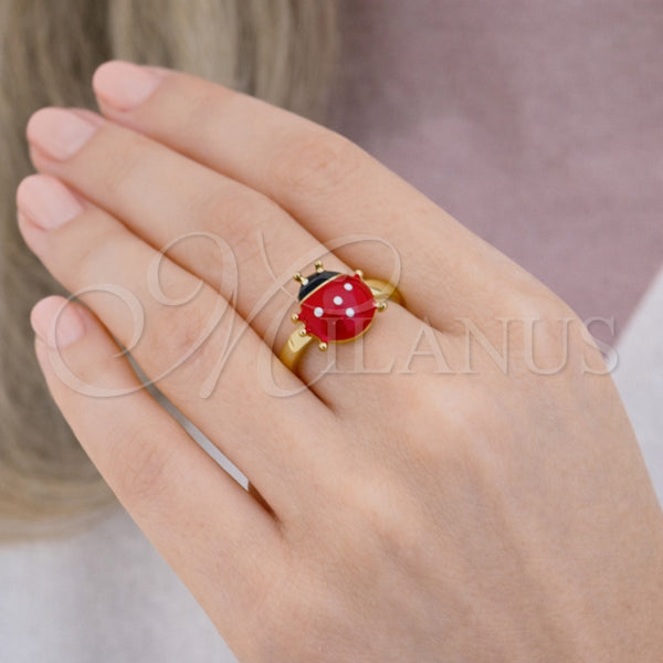 Anillo Elegante 01.381.0008 Oro Laminado, Diseño de Mariquita, Esmaltado Rojo, Tono Dorado (Talla Unica)