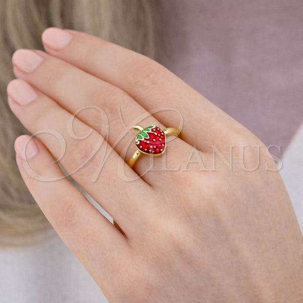 Anillo Elegante 01.381.0010 Oro Laminado, Diseño de Fresa, Esmaltado Rojo, Tono Dorado (Talla Unica)