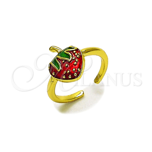 Anillo Elegante 01.381.0010 Oro Laminado, Diseño de Fresa, Esmaltado Rojo, Tono Dorado (Talla Unica)