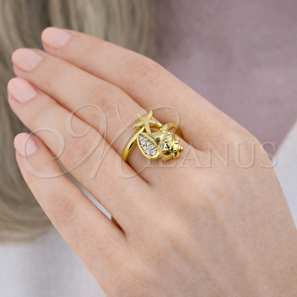 Anillo Multi Piedra 01.381.0011 Oro Laminado, Diseño de Estrella y Caracol, con Zirconia Cubica Blanca, Pulido, Tono Dorado (Talla Unica)