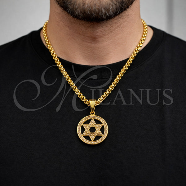 Dije Religioso 05.342.0234 Oro Laminado, Diseño de Estrella de Davi, con Zirconia Cubica Blanca, Pulido, Tono Dorado