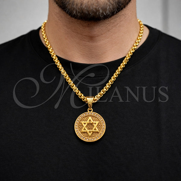 Dije Religioso 05.342.0237 Oro Laminado, Diseño de Estrella de Davi, con Zirconia Cubica Blanca, Pulido, Tono Dorado