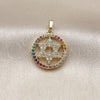 Dije Religioso 05.459.0002 Oro Laminado, Diseño de Estrella de Davi, con Zirconia Cubica Multicolor y Blanca, Pulido, Tono Dorado