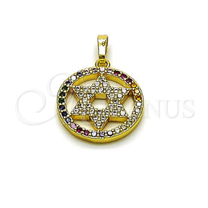 Dije Religioso 05.459.0002 Oro Laminado, Diseño de Estrella de Davi, con Zirconia Cubica Multicolor y Blanca, Pulido, Tono Dorado