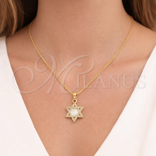 Dije Religioso 05.459.0006 Oro Laminado, Diseño de Estrella de Davi, con Micro Pave Blanca y Madre Perla Marfil, Pulido, Tono Dorado