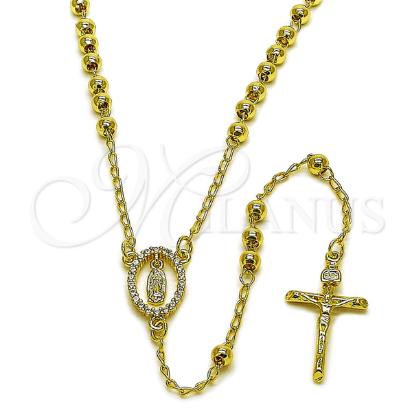 Rosario Fino 09.213.0074.24 Oro Laminado, Diseño de Guadalupe y Crucifijo, con Zirconia Cubica Blanca, Pulido, Tono Dorado