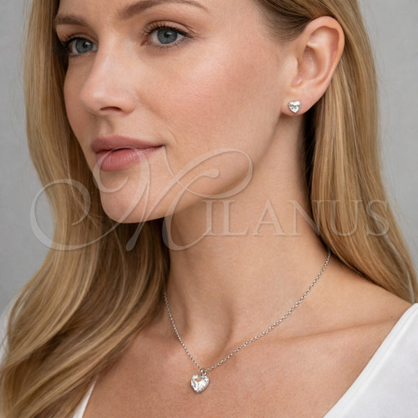 Juego de Arete y Dije de Adulto 10.460.0001 Rodio Laminado, Diseño de Corazón, con Zirconia Cubica Blanca, Pulido, Rodinado