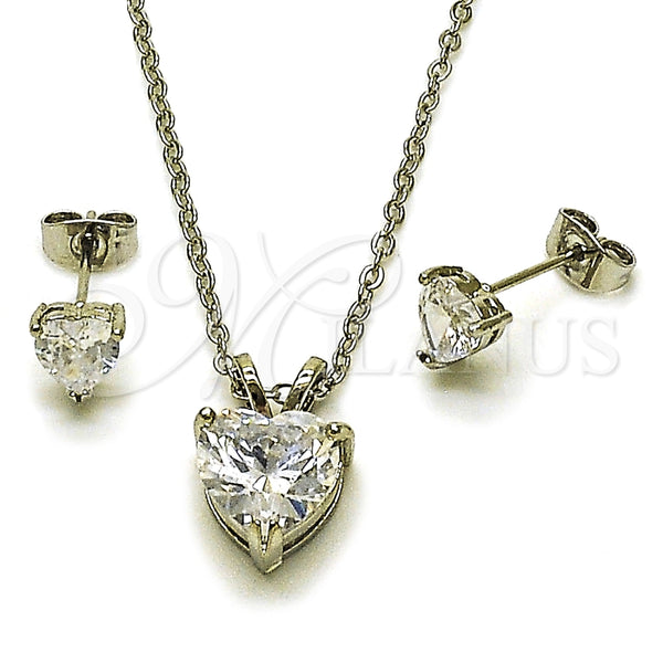 Juego de Arete y Dije de Adulto 10.460.0001 Rodio Laminado, Diseño de Corazón, con Zirconia Cubica Blanca, Pulido, Rodinado