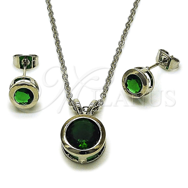 Juego de Arete y Dije de Adulto 10.460.0003.1 Rodio Laminado, Diseño de Rolo, con Zirconia Cubica Verde, Pulido, Rodinado