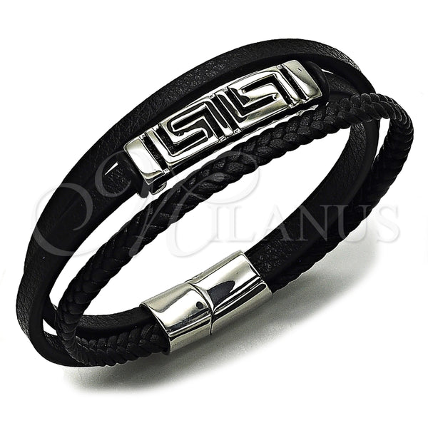 Pulsera Elegante 03.462.0001.09 Acero Inoxidable, Diseño de Llave Griega, Cuero Negro, Tono Plateado (Grosor 20 MM, 9 Pulgadas de Largo)