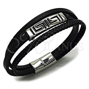 Pulsera Elegante 03.462.0001.09 Acero Inoxidable, Diseño de Llave Griega, Cuero Negro, Tono Plateado (Grosor 20 MM, 9 Pulgadas de Largo)