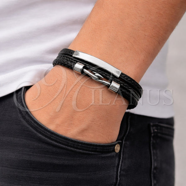 Pulsera Elegante 03.462.0002.09 Acero Inoxidable, Cuero Negro, Tono Plateado (Grosor 21 MM, 9 Pulgadas de Largo)