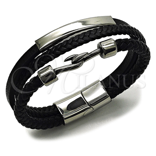 Pulsera Elegante 03.462.0002.09 Acero Inoxidable, Cuero Negro, Tono Plateado (Grosor 21 MM, 9 Pulgadas de Largo)