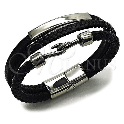 Pulsera Elegante 03.462.0002.09 Acero Inoxidable, Cuero Negro, Tono Plateado (Grosor 21 MM, 9 Pulgadas de Largo)