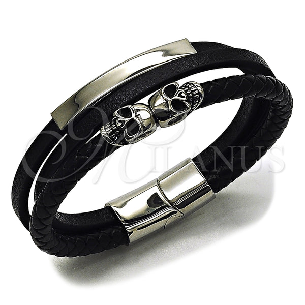 Pulsera Elegante 03.462.0003.09 Acero Inoxidable, Diseño de Calavera, Cuero Negro, Tono Plateado (Grosor 22 MM, 9 Pulgadas de Largo)