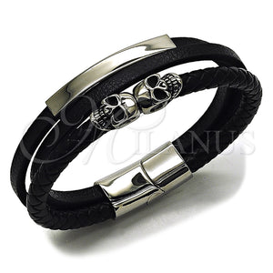 Pulsera Elegante 03.462.0003.09 Acero Inoxidable, Diseño de Calavera, Cuero Negro, Tono Plateado (Grosor 22 MM, 9 Pulgadas de Largo)