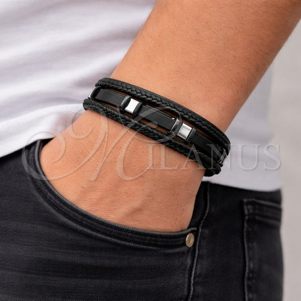 Pulsera Elegante 03.462.0004.09 Acero Inoxidable, Cuero Negro, Tono Plateado (Grosor 25 MM, 9 Pulgadas de Largo)
